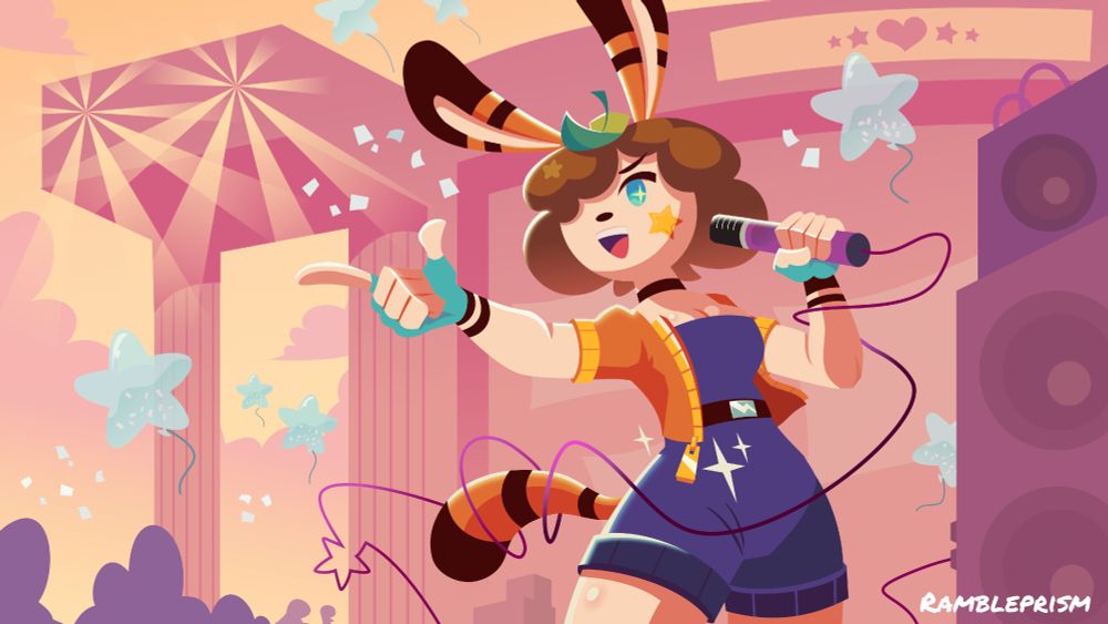 Vector drawing of my character Bunooki (tanuki/bunny hybrid), singing at a concert. The lighting is soft and pink-ish. There's star-shaped balloons filled with confetti. Drawn in a style inspired by the Sonic the Hedgehog PICT calendar illustrations!
