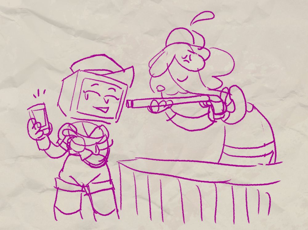 Rogue at Bean's coffee bar, asking for intel and showing something on her phone. Bean is politely asking Rogue to leave by pointing a shotgun directly at her face.