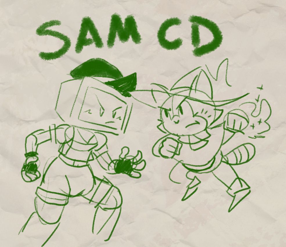 Rogue and Sam Hex facing off, text reads 'SAM CD' (they are posing like the Sonic CD cover art like Sonic and Metal Sonic)