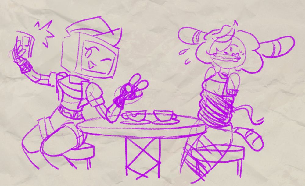 Bounty hunter Rogue taking a selfie with her new captured target, Bunooki