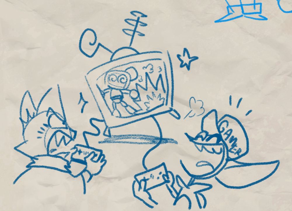 Sam Hex and El gaming (playing Bomberman on a CRT) and Sam getting a bit too heated. El is wearing a gamer hat