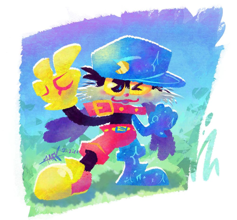 Klonoa in a scribbly style! No Huepow. Sad. There's a space-like texture on some elements that are further away from the camera. Most elements don't have outlines.