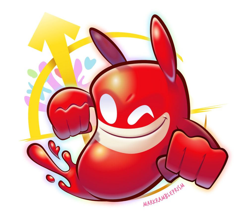 De blob (red) punching with an arrow behind him forming the Smash Bros. Logo