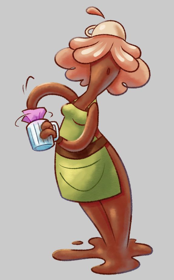 Bean (coffee-based slimegirl) cleaning a glass