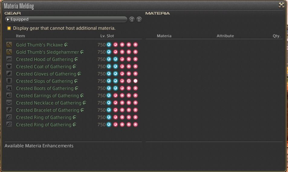 A screenshot of the melding window in FFXIV showing a fully melded gathering set