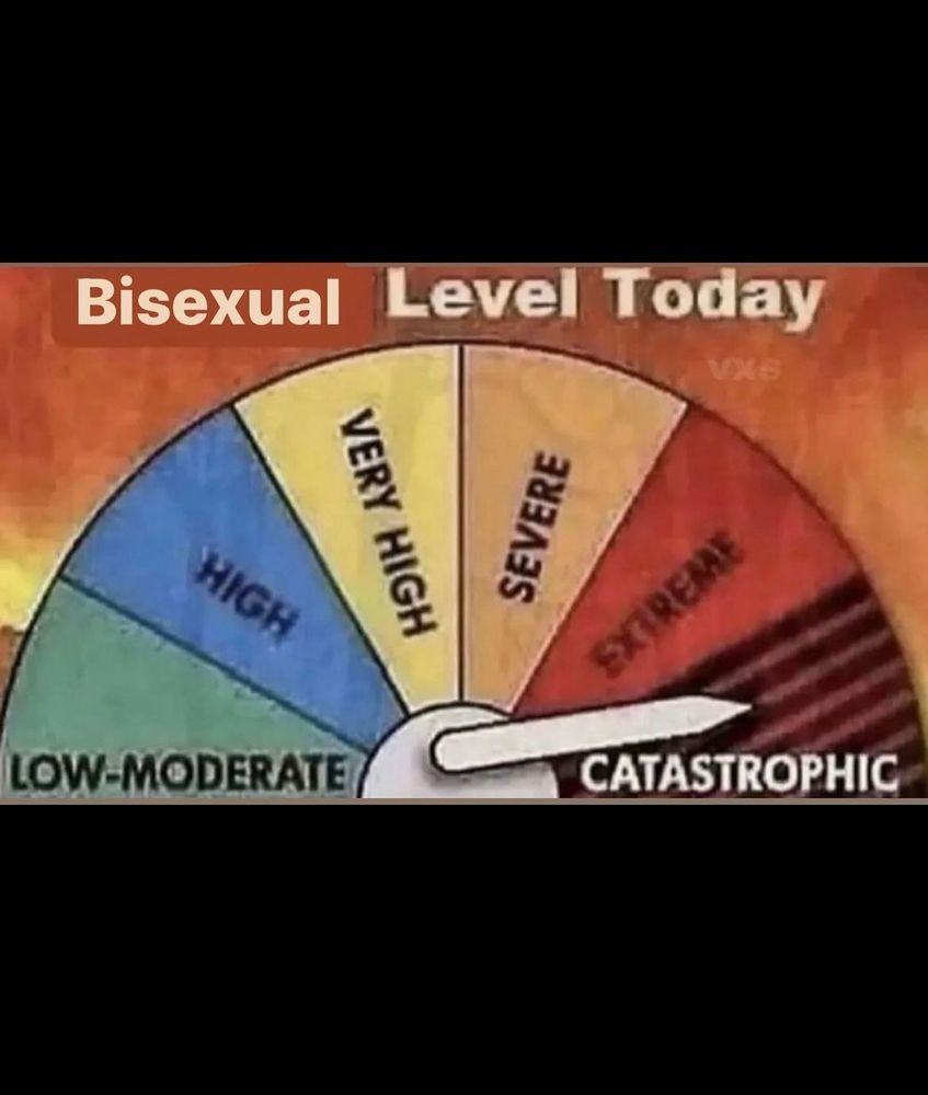 The top of the image says bisexual level today And there are sections with levels from left to right saying: low-moderate, high, very high severe, extreme, and catastrophic (the pin on the chart is pointing to catastrophic)