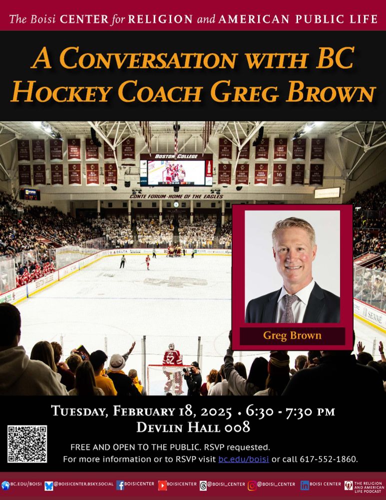 Flyer advertising this event with an image of Conte Forum during a BC hockey game and a headshot of Coach Greg Brown.
