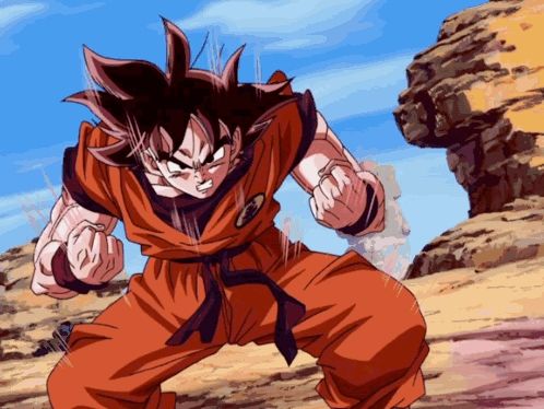 a cartoon character named goku is standing in front of a cliff