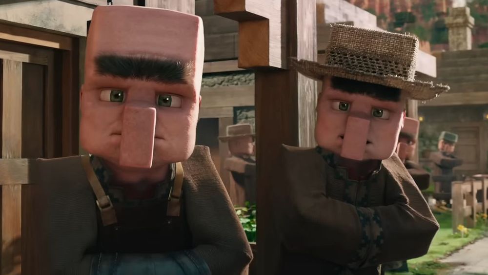 Two very fleshy looking Minecraft Villagers from the Minecraft movie, looking at you. 