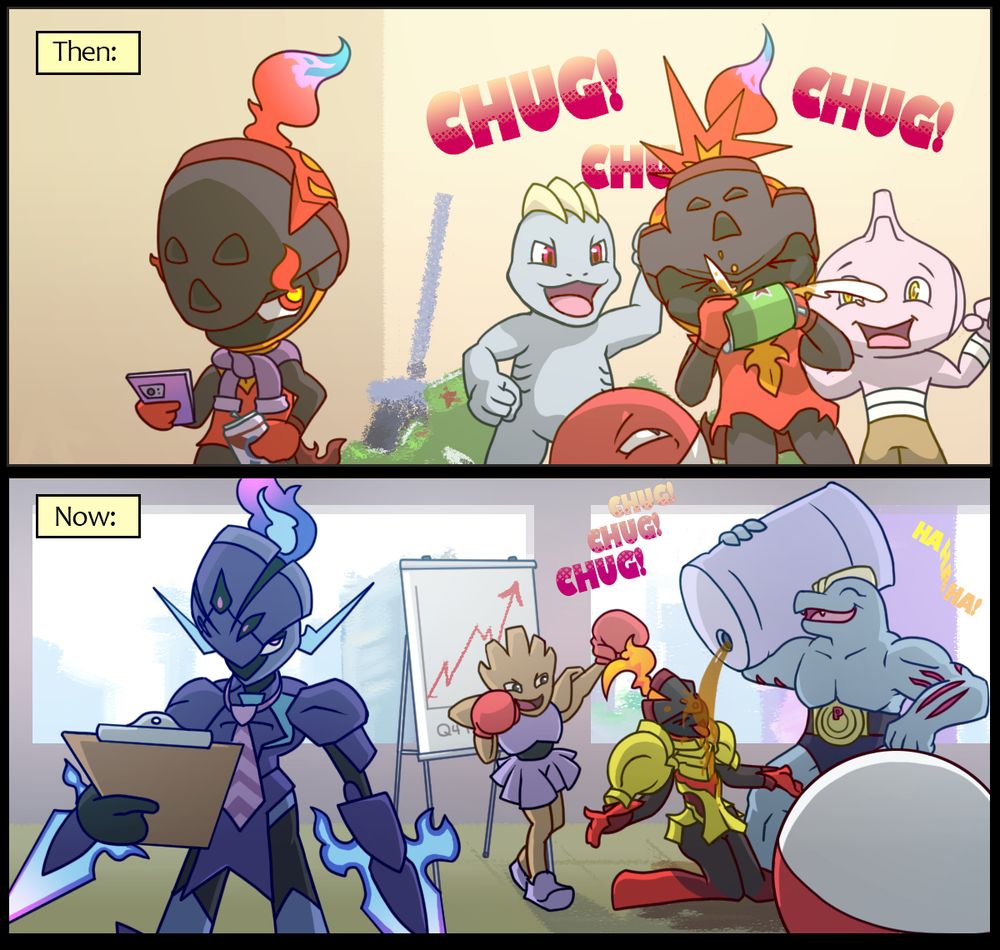 The first panel depicts two charcodet, one surrounded by friends shotgunning a sapporo, the other, a loner, clutching a can of Pabst Blue Ribbon.

Fast forward a few years and they've now evolved into a Ceruledge and an Armarouge. Though they've entered the corporate world, Armarogue has kept his party boy ways, much to the annoyance of the tie-totting Ceruledge.