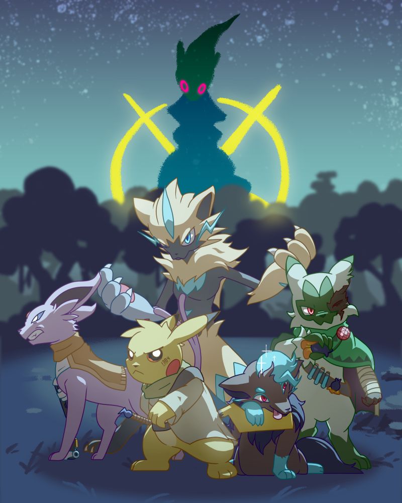 An RPG party consisting of a Pikachu, an Espeon, a Floragato, a Zeraora, and a shiny Zorua stand ready for battle in a forest. Off the distance, the shadow of Arceus looms over all.