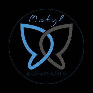 Radio Motyl - logo. Zarys niebiesko-szarego motyla