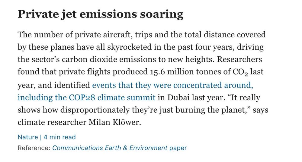 Screenshot from Nature Briefing on “Private jet emissions soaring”