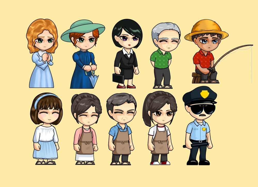 npcs from indie game slime in a trench coat by kittenbean studios