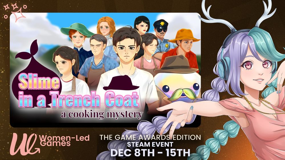 slime in a trench coat presented by women led games mascot as part of the game awards edition steam event on dec 8 - 15th