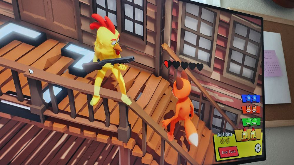 chicken holding a shotgun staring down a fox on the stairs in critter crossfire