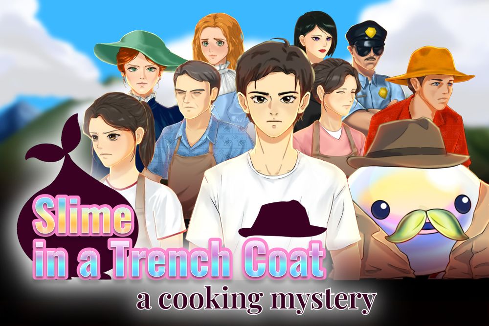 characters from Slime in a Trench Coat: a cooking mystery with the logo over them