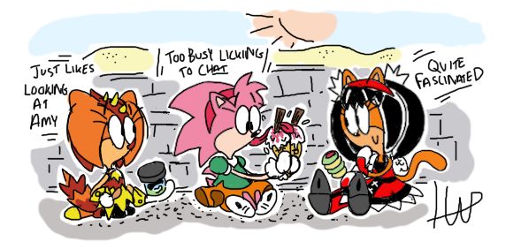 trip the sungazer, amy rose and honey the cat sitting behind a stone wall holding some ice cream. trip has a tub of ben and jerry's cookie dough, honey has a twister, and amy's tucking into a twin cone 99 with strawberry sauce. text above amy reads "too busy licking to chat". text above honey reads "quite fascinated", and text above trip reads "just likes looking at amy". 