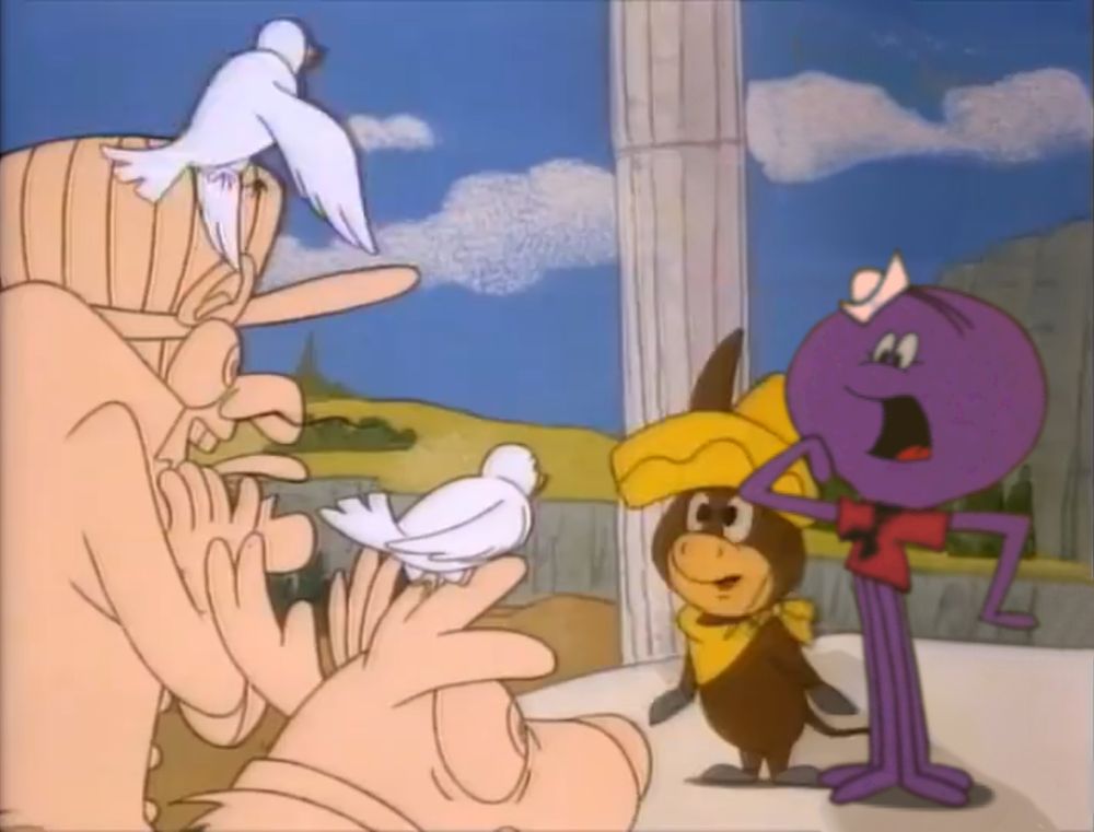 bobbie louie (baba looey) and squiddly diddly staring in shock at some statues of dick dastardly and muttley, after they saw a scary snake lady and turned into stone because greek mythology reference.