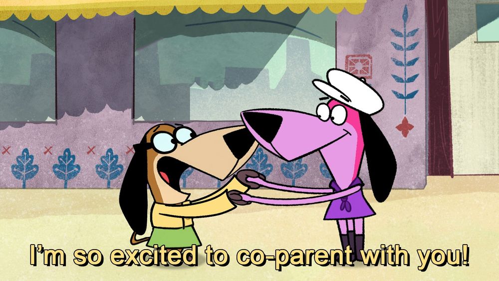 bobbie louie (baba looey) and squiddly diddly holding hands and looking at each other after being transformed into doggie daddy by augie doggie off-screen. bobbie is saying in the caption below "I'm so excited to co-parent with you!"