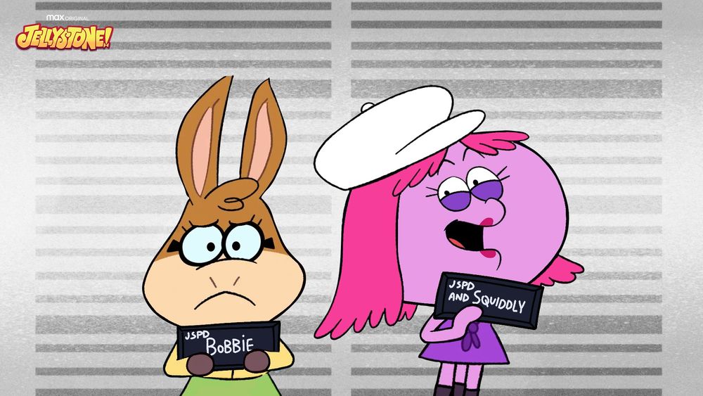 bobbie louie (baba looey) and squiddly diddly standing in front of a police lineup background referencing that one meme from the 2023 barbie movie. bobbie is looking all serious and sad and squiddly being all happy and excited.