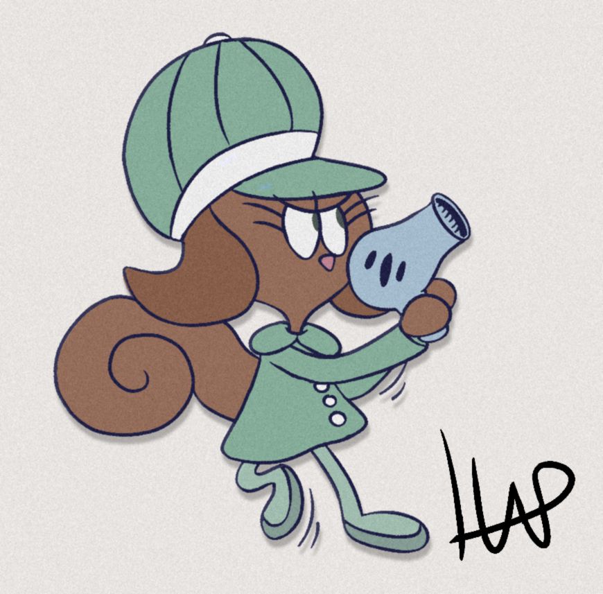 penny holding a hair dryer gun and looking serious, now in coat and hat form
