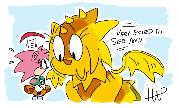 trip the sungazer in her dragon form excitingly staring at amy rose as she looks in slight surprise. text reads "very excited to see amy".