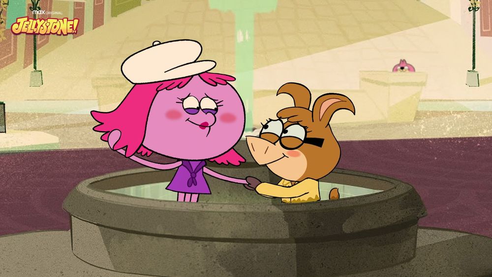 squiddly diddly and bobbie louie (baba looey) standing in a water fountain being all blushy towards each other. a very sneaky choo-choo is in the distance watching them.