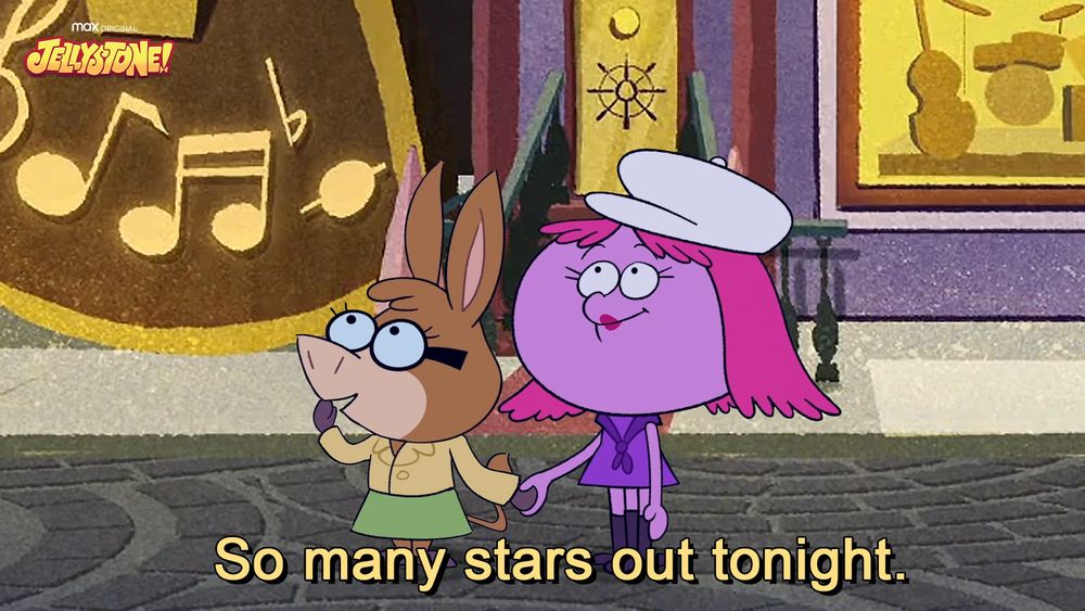 bobbie louie (baba looey) and squiddly diddly holding hands outside squiddly's music shop while looking at the night sky, taking a look at all the stars. bobbie is saying in the caption below "So many stars out tonight." 