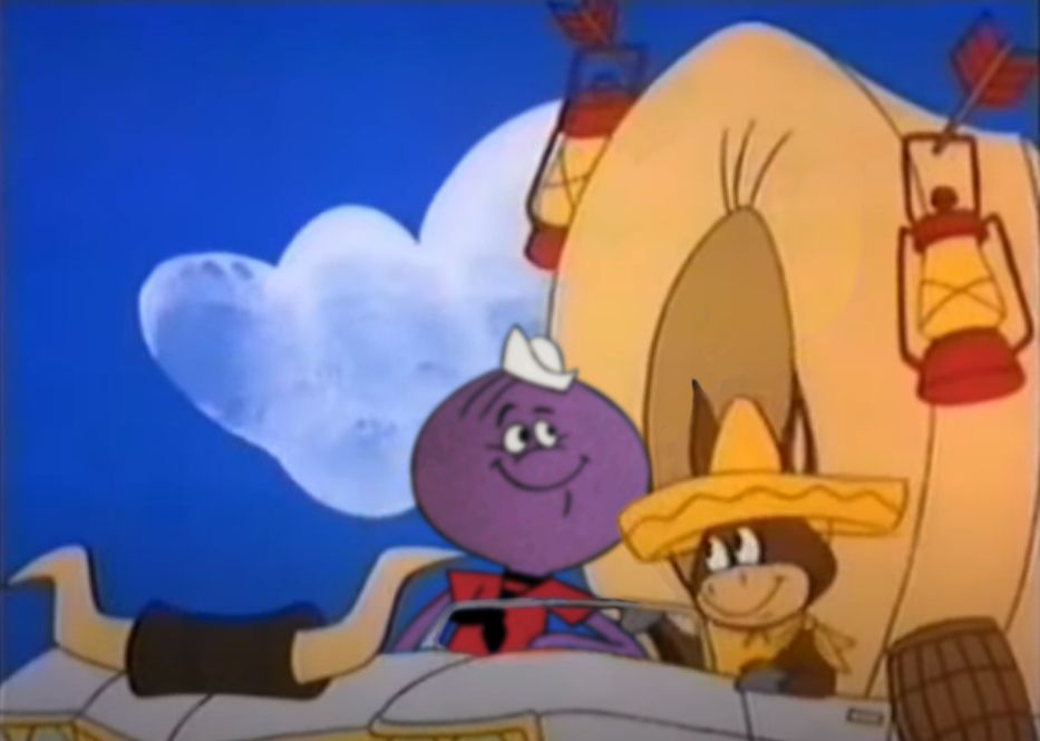 squiddly diddly and bobbie louie (baba looey) sitting in the texas twister car. squiddly's quickly checking something out, while bobbie's looking at squiddly