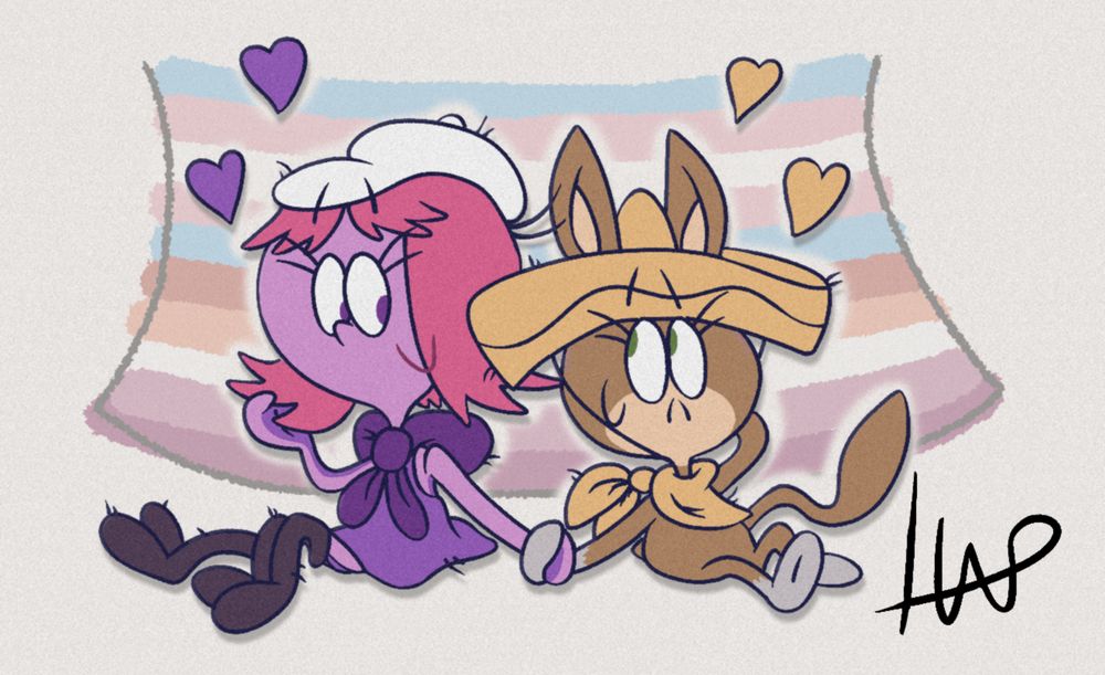squiddly diddly and bobbie louie (baba looey) both sitting and chilling behind a trans/lesbian coloured flag while holding hands and showing love towards each other.