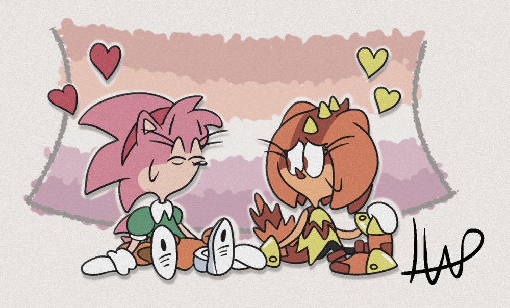 amy rose and trip the sungazer both sitting and chilling behind a lesbian coloured flag while placing their hands on one's other and just buzzing out some good vibes.