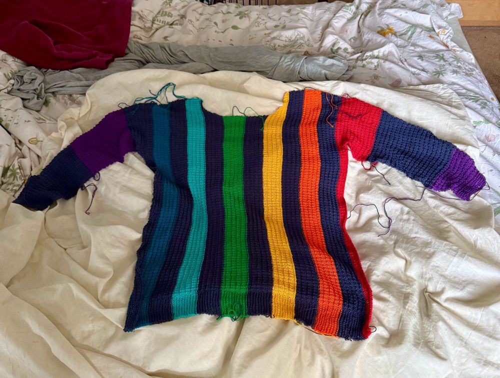 Rainbow stripes sideways knit sweater