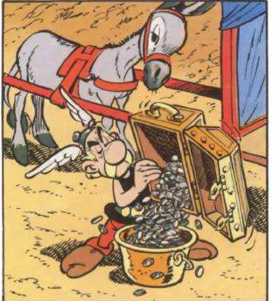 Dessin avec Astérix vidant un coffre rempli de sesterces dans un chaudron