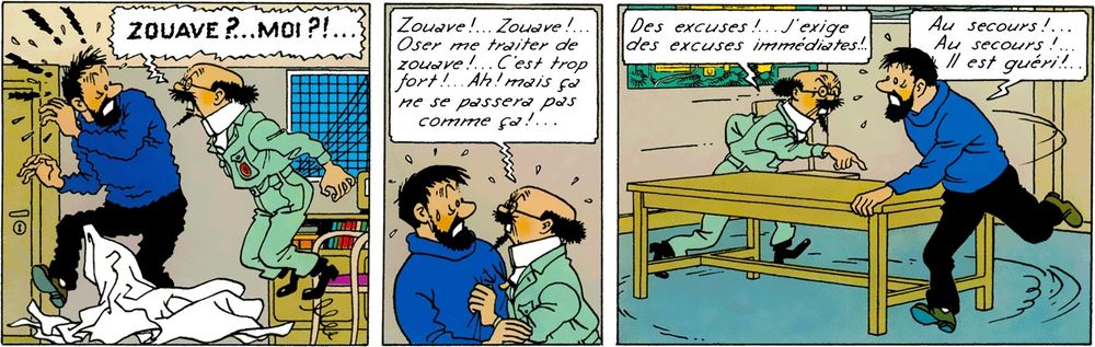 Bd en 3 cases avec le professeur Tournesol demandant des excuses à Haddock pour l'avoir traité de zouave