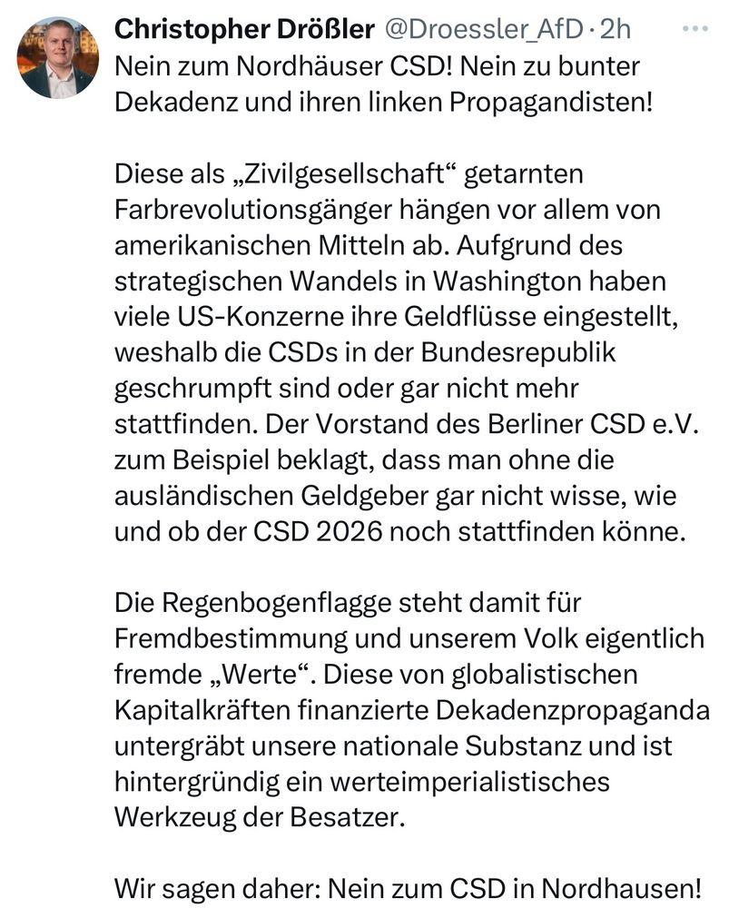 X-Post des AfD-Bundestagsabgeordneten Christopher Drößler, 11.7.2025. 