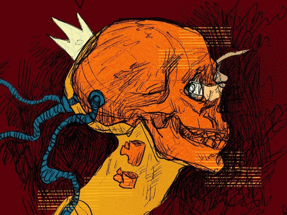 Side profile of a skull and first two neck vertebrae, all contained in some kind of translucent casing. The skull wears a crown. Wires are plugged into the back of the skull. A light wisp of smoke is coming out of the one visible eye. 