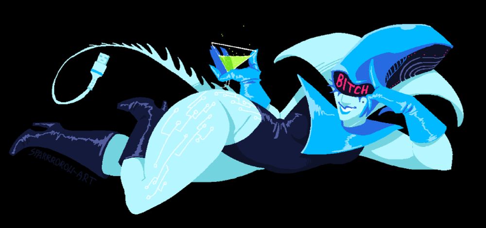 a digital, pixelated, lineless drawing of Queen from Deltarune. she's lounging with a glass of acid, her head prepped on one hand. her visor says "BITCH" in red letters. her tail is a usb cable with xenomorph spikes matching her head, there are white circuit line stretch marks on her thigh and hip.