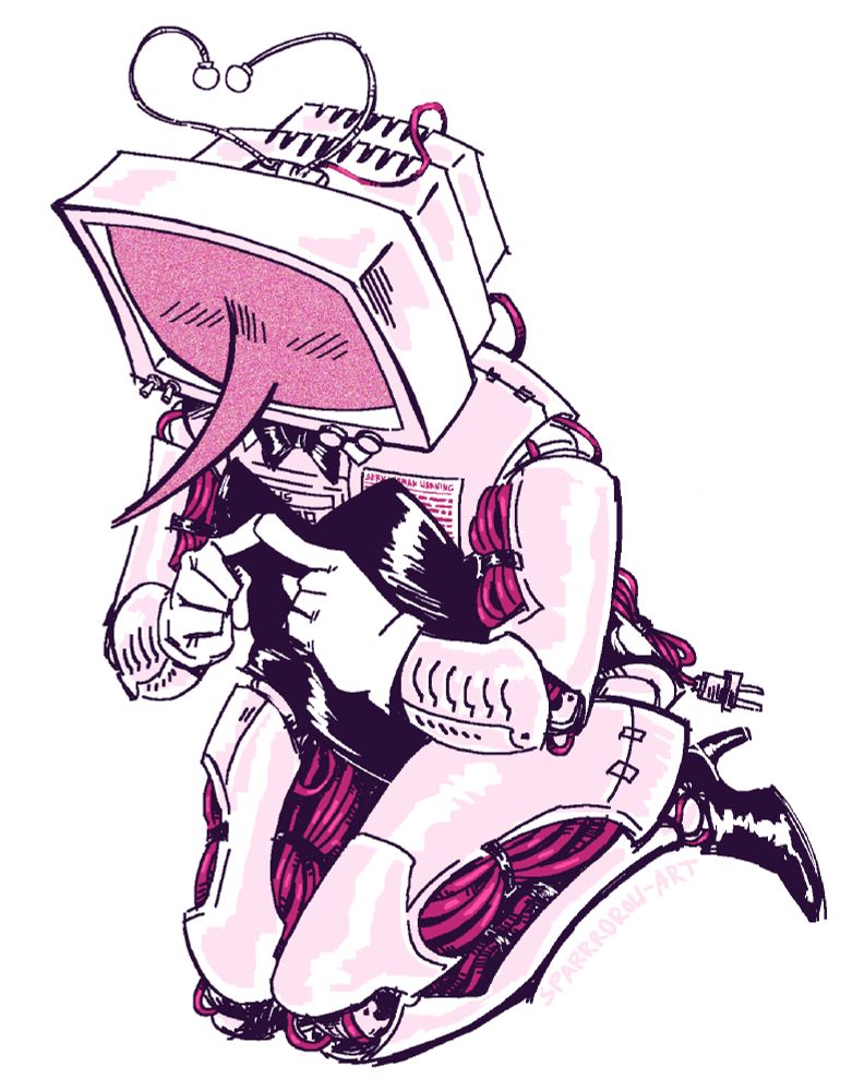 a digital, pixelated, monochrome pink drawing of Mr Ant Tenna from Deltarune. he's on his knees, screen flushed with pink static, wearing a playboy's bunny body suit and collar, missing the bunny ears, since his antennas are already called "bunny ears", and the bunny tail, but his tail-like cord is tied in a little bundle on his backside.