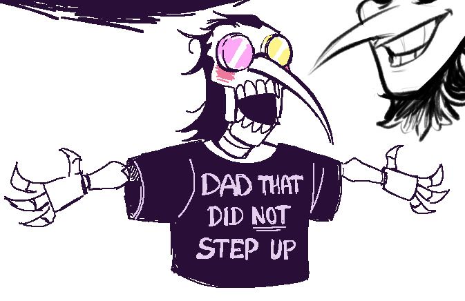 a digital, low resolution drawing of Spamton G Spamton from Deltarune. he's drowning in a far too big, black shirt with text that says "dad that did not step up".