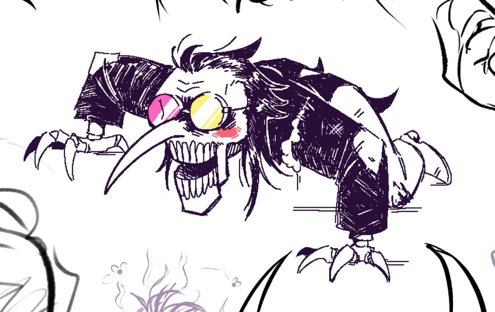 a digital, low resolution drawing of Spamton G Spamton from Deltarune. he's crawling on the floor, his claws sharp and his puppet face looking like a skeleton.