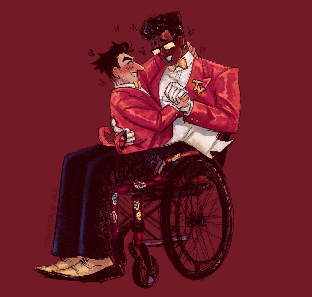 a digital drawing of human versions of (big shot) Spamton G Spamton and Mr Ant Tenna from deltarune. Tenna is a dark skinned, extremely tall and lanky man with a small square afro and rectangular glasses, wearing his canon suit, sitting in a red manual wheelchair, which has a few colorful stickers. Spamton is a pale, chubby and short man, with a long hooked nose and earrings, wearing a suit matching Tenna's. Spamton is sitting in Tenna's lap, one hand hooked around his neck, the other holding Tenna's hand. they seem to be giggling together.