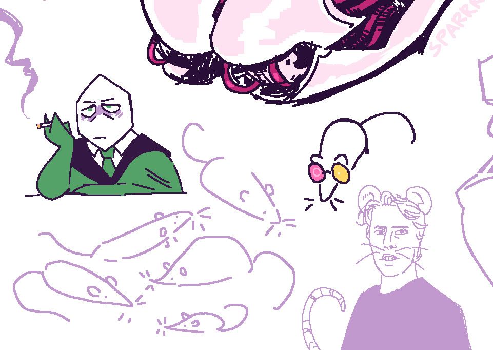 a collection of digital, pixelated doodles, depicting a tired Green Pippin from Deltarune and a bunch of rats. one of the rats is wearing Spamton's glasses, the other is a traced drawing of the streamer Jerma with rat ears, nose, whiskers and tail added on top.