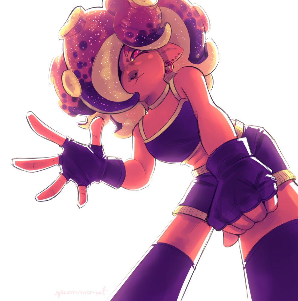 a digital, full body, low angle drawing of a Splatoon character belonging to Ubers, waving at the viewer on white background. she's an Octoling with short, pink tentacle hair covered in glitter. she's backlit with bright white light.