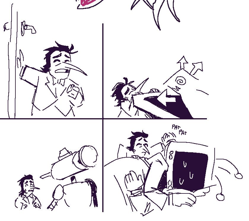 a digital black and white, low resolution drawing of the Loss comic, featuring Spamton (in his Big Shot era) and Tenna from Deltarune. Tenna is the one having a miscarriage.