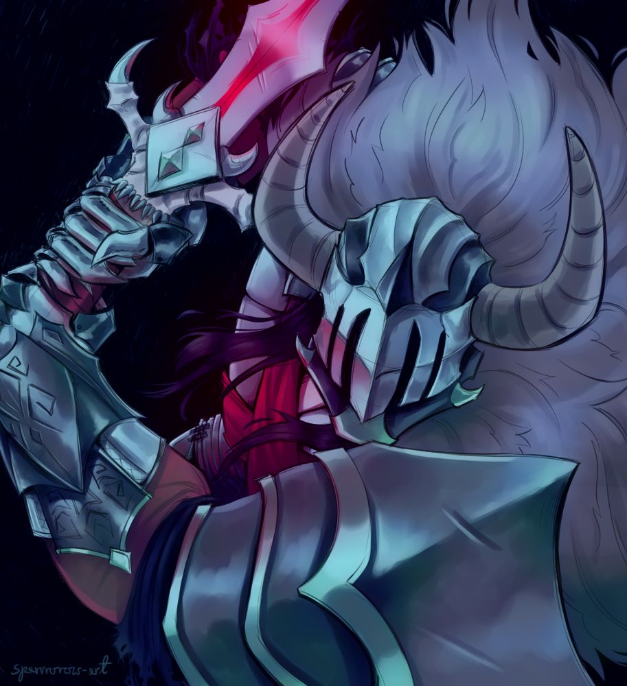 a digital drawing of a character belonging to Ashes Shadows. they are wearing a horned helmet, fur coat and wielding a massive sword with red marking down the middle.