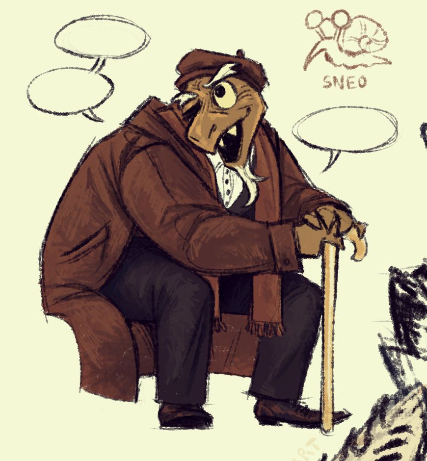 a digital drawing of Gerson Boom from Deltarune. he's drawn in a limited, brown/cold color palette, sitting down, smiling, hands resting on his cane. next to him there is a doodle of a snail with glasses on its eyes with "SNEO" written under it.