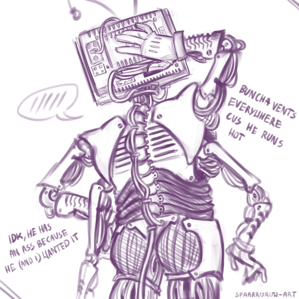 a digital sketch of mr Ant Tenna from Deltarune. it's an exploration sketch of Tenna's anatomy, as seen from the back, featuring: wires running down his exposed spine (one of them being the power cord tail), rubber butt cheeks and vents on the back, back of the head and forearms.
the text reads: "buncha vents everywhere cus he runs hot"; "idk, he has an ass because he (and i) wanted it".
