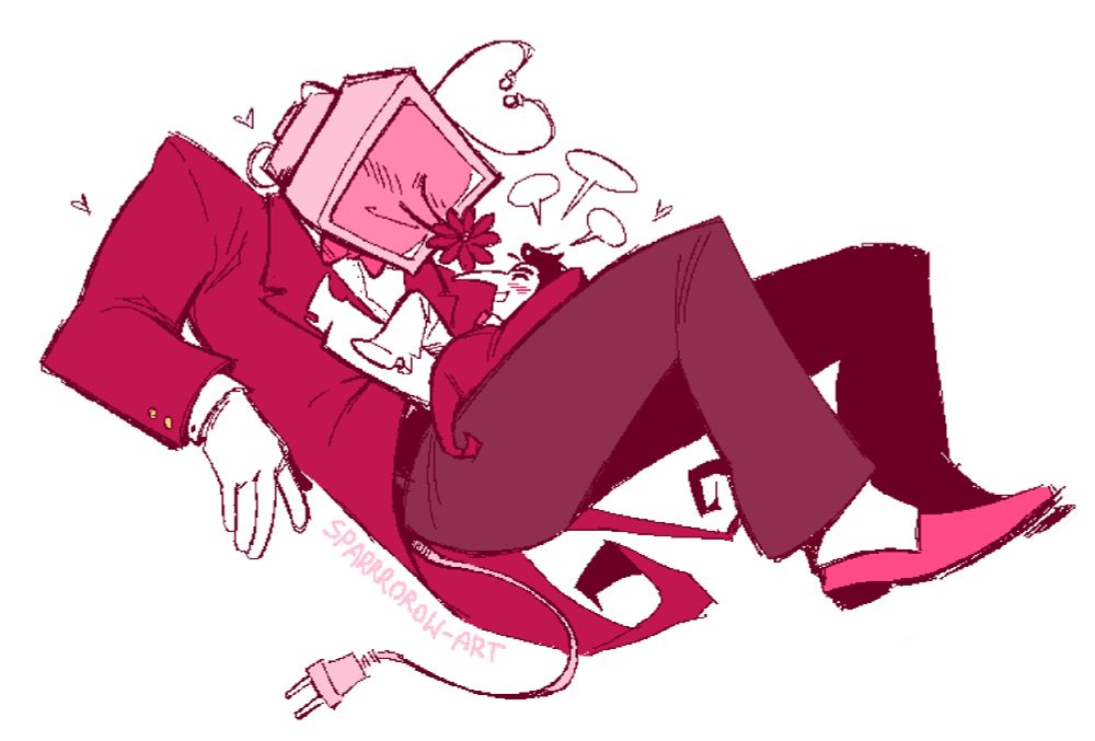 a digital, pixelated drawing of Tenna and Spamton from Deltarune (during Spamton's big shot era). the drawing is monochrome, in shades of pinks and reds. Tenna is half lying, with his legs bent to support Spamton, who is reclining against Tenna's thigh, his legs sprawled on Tenna's chest. Spamton is talking while Tenna looks at him fondly, his nose sprouting a big red flower.