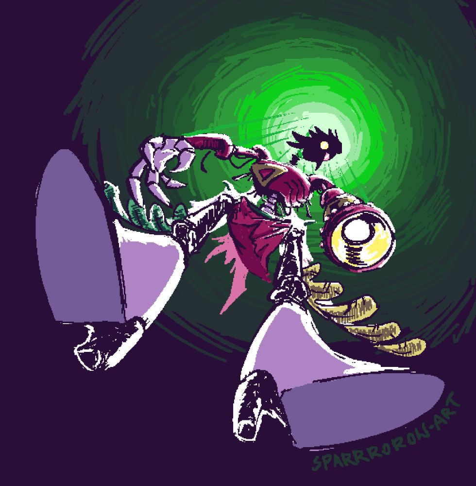 a digital, pixel drawing of Spamton Neo from Deltarune. he's seen from below, hanging above the viewer on green strings, his face dark with only eyes visible. he's pointing his canon arm at the viewer. he's backlit with bright light, the background creating a bright green halo around his head.
